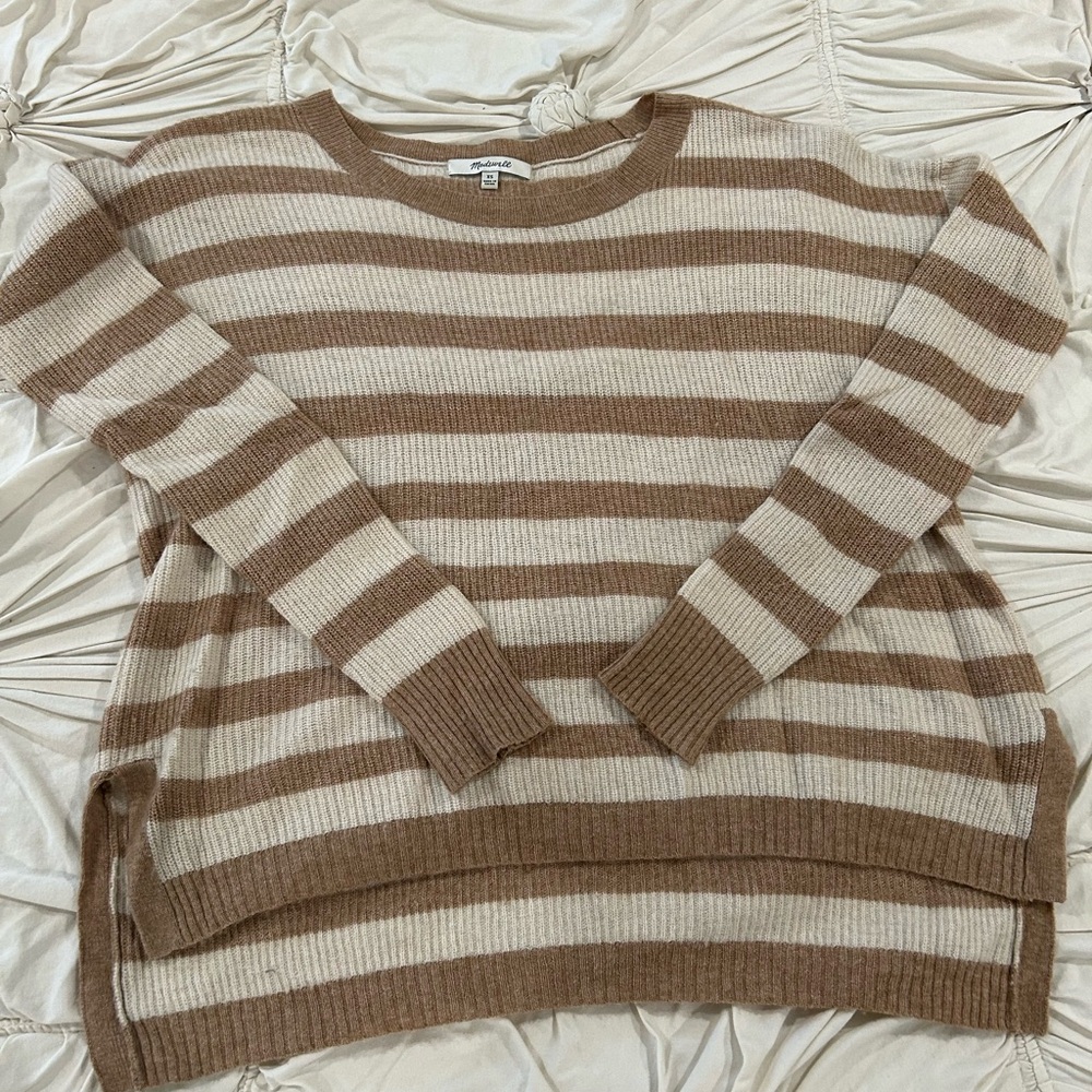 Madewell Cream and Tan Striped Crewneck Sweater